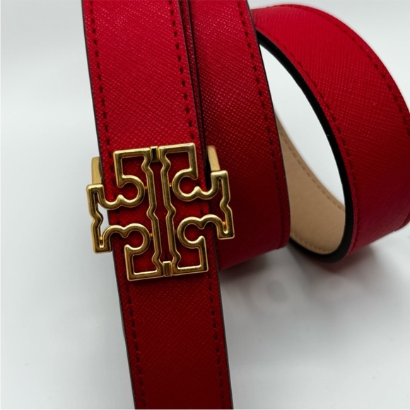 Tory Burch Britten Logo Reversible BeltClassic Tan/Poppy Red With Gold Hardware - Picture 3 of 6